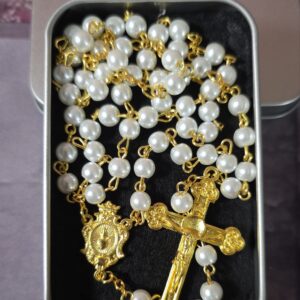 White Beads-Gold Tone Rosary