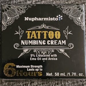 Nupharmisto Tattoo Numbing Cream(50ml/1.7floz), 6 Hours Maximum Strength Painless Tattoo Numbing Cream with 5x Numbing, Emu Oil and Arnica.50ml