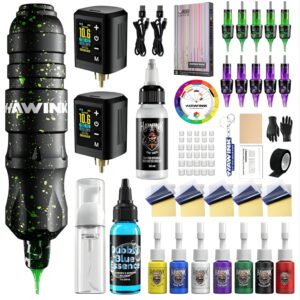 HAWINK Tattoo Kit with Power Supply LCD digital 3.7V Lithium Battery 1600mAh 2PCS Tattoo Battery - Green Splat